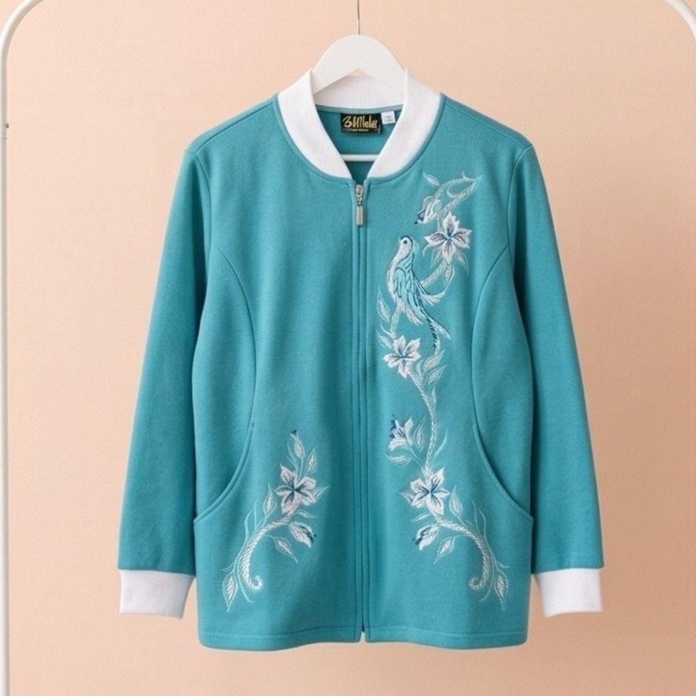 Bob Mackie Wearable Art Jacket 1X Blue Bird Floral Embroidered Zip Up